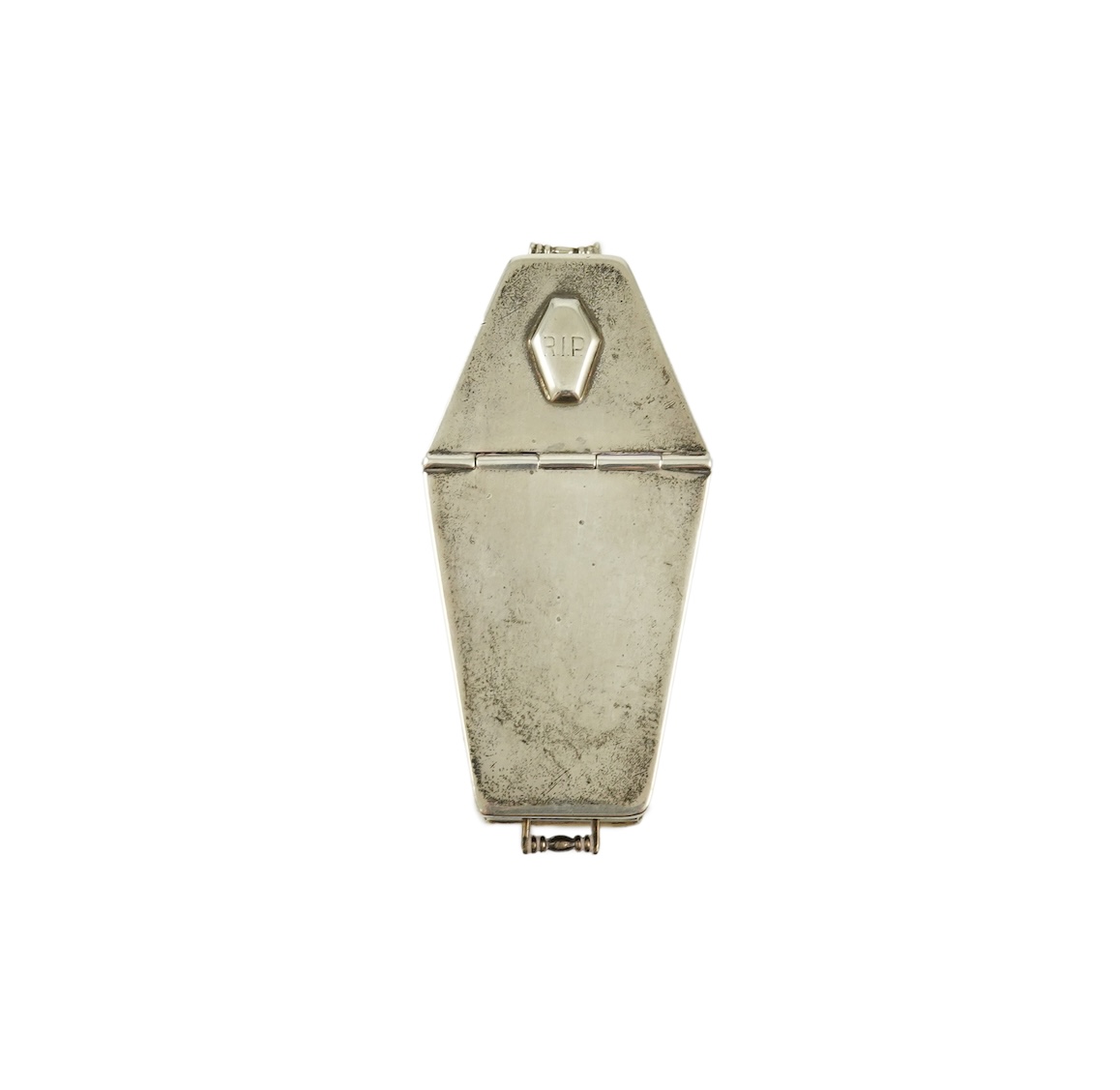 A George VI novelty silver snuff box, modelled as coffin with two handles and an 'RIP' appliqué, maker HW